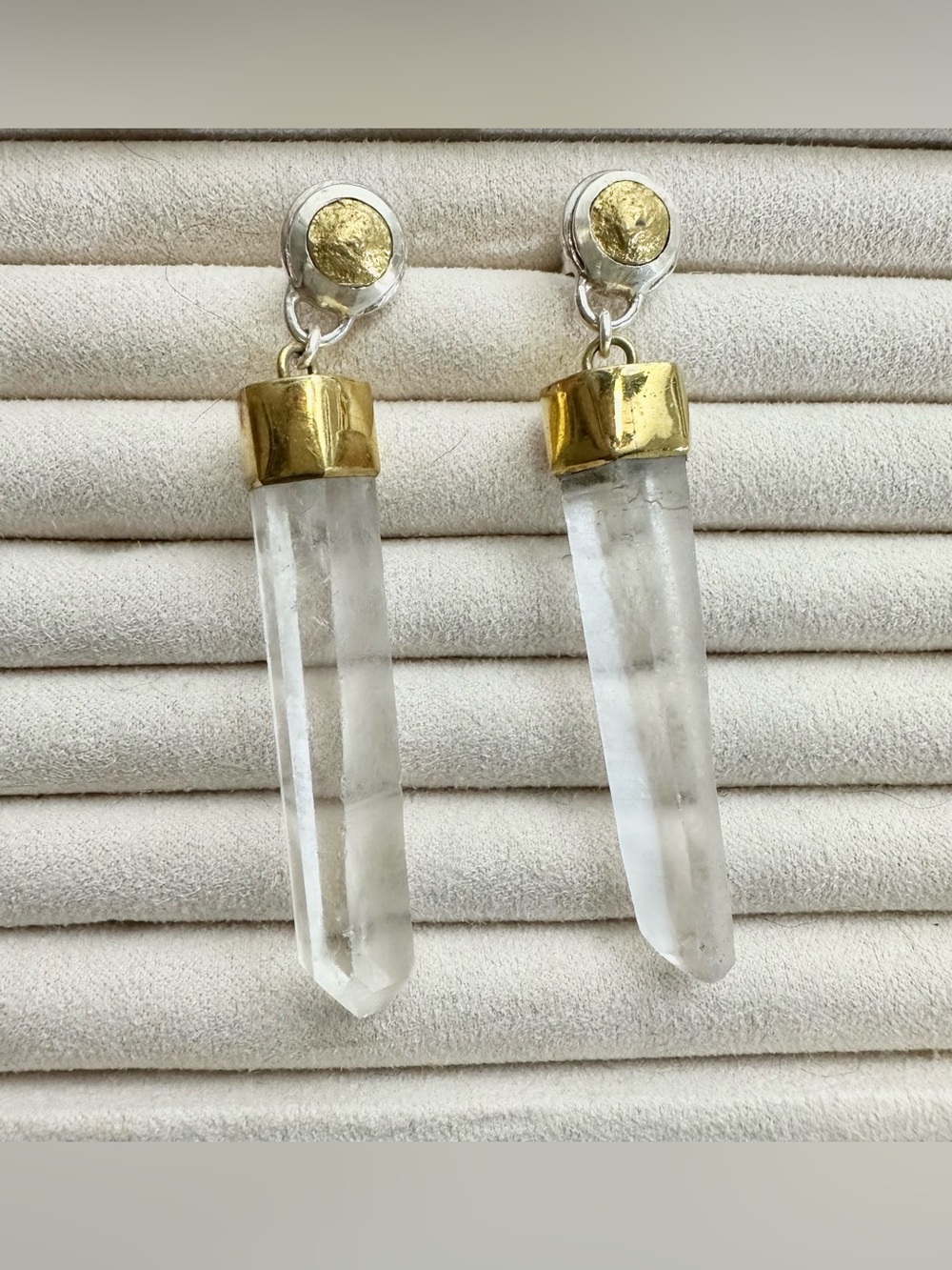 Clear Quartz Dangle Earrings with Gold Accents